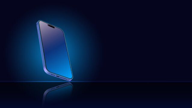 Smartphone and mobile display light banner. Smartphone screen template with shadow on a dark blue background. Vector abstract background for wallpapers, banners, invitations, and luxury vouchers.