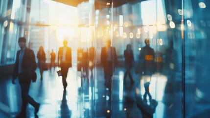 Blurred photos of businesspeople standing and walking in an office reflected in a glass wall.