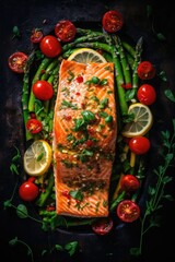 Freshly cooked salmon with asparagus and tomatoes, ideal for healthy eating concept