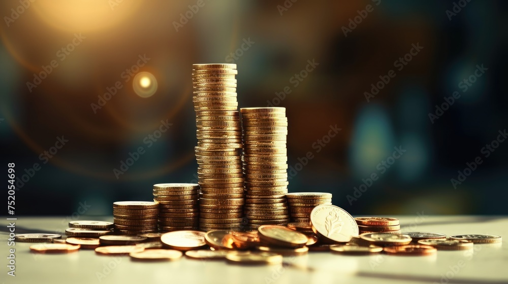 Poster a pile of coins sitting on top of a table. ideal for financial concepts