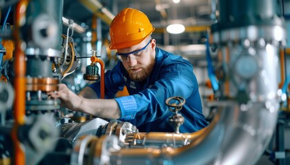 Worker supervisor in district heating plant doing quality control and inspection of pipes and valves - obrazy, fototapety, plakaty