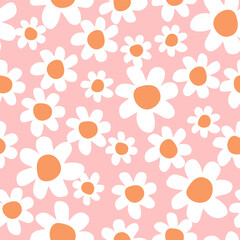 Seamless pattern with chamomile flowers on pink background. 1970s trippy pattern. Design for textile, wrapping paper, wallpaper.