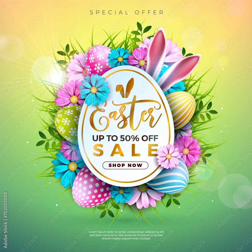 Wall mural easter sale illustration with color painted egg, spring flower and rabbit ears on green background. 