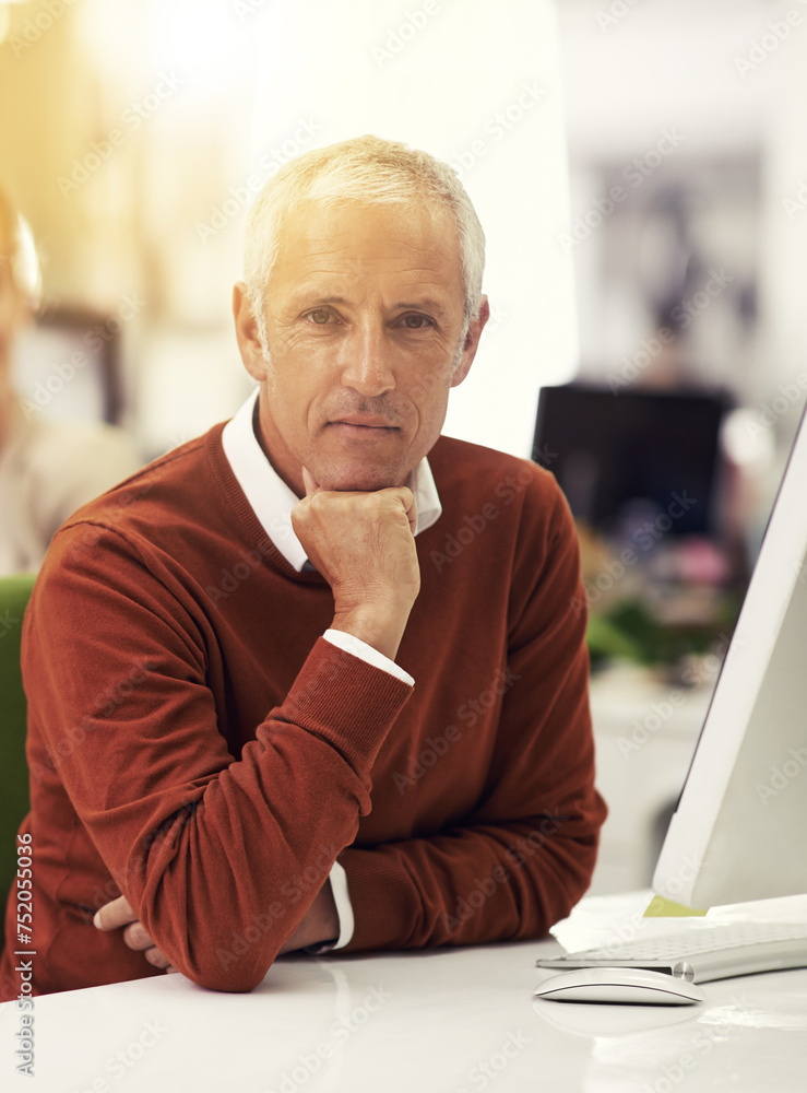 Poster Portrait, professional and business with computer, man and planning with brainstorming and thinking. Face, employee and PR consultant with pc and agency with project and tech with ideas or lens flare