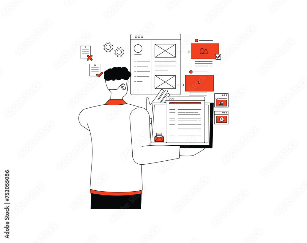 Poster businessman making a prototype character outline flat and minimal vector illustration design style.
