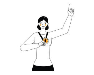 Business winner and success illustration concept. Businesswoman showing gold medal character outline flat and minimal vector design style.