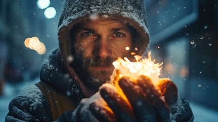 A man holding a lit candle in the snow. Suitable for winter-themed designs