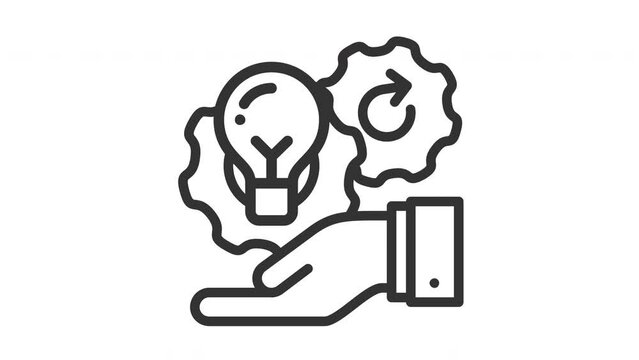 Animated operation with hand holding a light bulb and gearwheel with a hand, creative concept of innovation and problemsolving. Ideal for technology, engineering, business, education and marketing