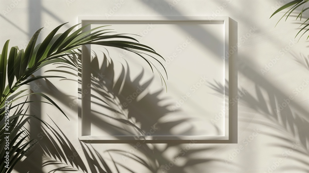Poster empty wall frame partially covered by shadows from a palm tree's shade.