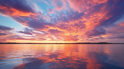 A beautiful sunset over a serene body of water. Perfect for travel and nature concepts