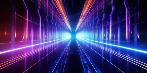 A long tunnel illuminated by neon lights, perfect for futuristic concepts