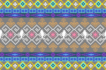 Cross stitch work ethnic pattern Pixel Horizontal Seamless Vector geometric pattern of the ethnic Thai people Cross-stitch border, clothes, sarongs.
