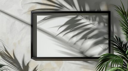 An empty wall frame, partially covered by shadows from a palm tree's shade.