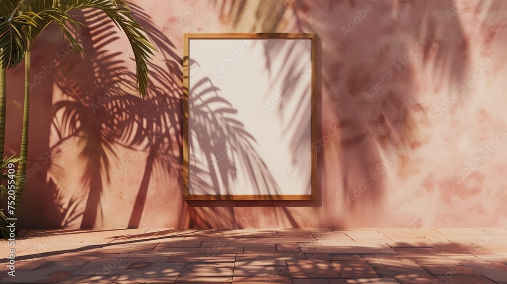 Poster empty wall frame partially covered by shadows from a palm tree's shade.