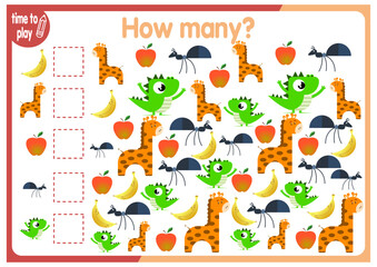 Fototapeta premium math card for children. studying numbers. children's logic problems. figurines for children. number. Funny animals. count the objects and write down their quantity