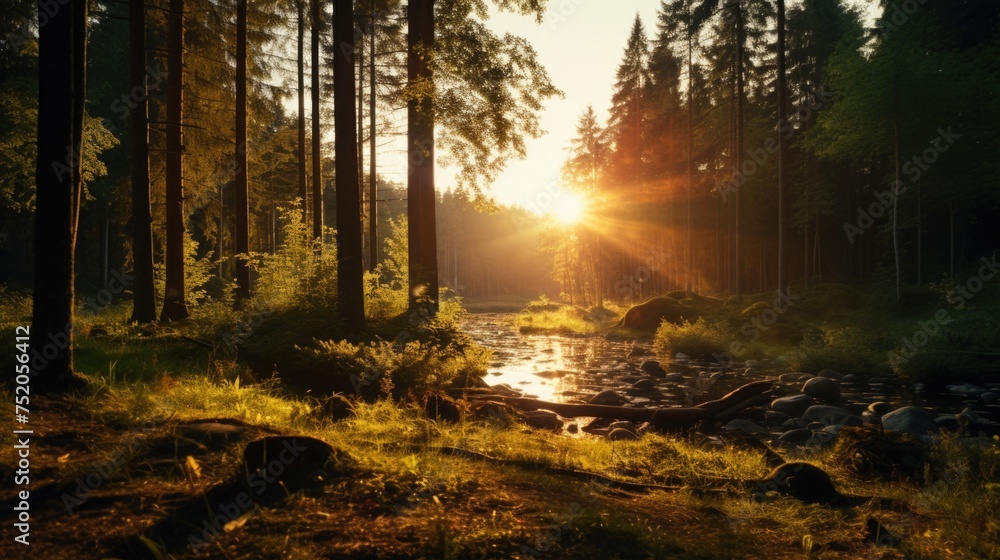 Poster sunlight filtering through dense forest canopy. ideal for nature backgrounds