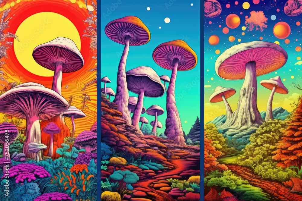 Poster Vibrant collection of four mushroom paintings. Great for home decor or art projects