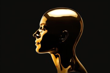 A striking gold statue of a woman's head against a dark backdrop. Ideal for luxury and elegance concepts