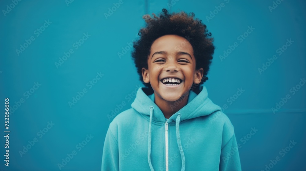 Poster a young boy with a big smile on his face. suitable for various projects