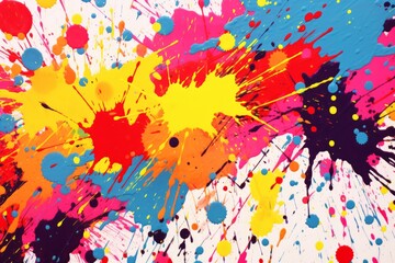 Vibrant and expressive pop art color paint splatter, arranged in a rhythmic and dynamic pattern for an energetic background, Generative AI