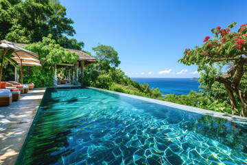 Infinity pool with clear, blue water, surrounded by lush greenery and ocean view