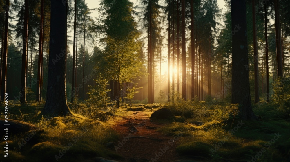 Poster sunlight filtering through dense forest canopy. ideal for nature themes