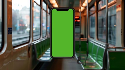 mobile telephone with a vertical green screen in tram chroma key smartphone technology cell phone, empty, message, travel, public, white, mockup, social, wireless, space, - obrazy, fototapety, plakaty