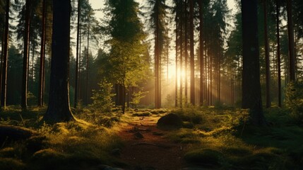 Sunlight filtering through dense forest canopy. Ideal for nature themes