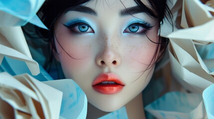 Young Japan woman with beautiful bright brown eyes with shining blue shadows, beige lipstick and expressive eyebrows, pitted look of colored paper, fashion, beauty, make-up, cosmetics, salon style - obrazy, fototapety, plakaty