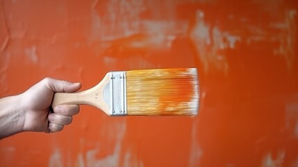 brush in hand for products to restore and paint the wall, indoor the building site of a house, wall during painting, renovation, painting, contractor, Architect, construction worker