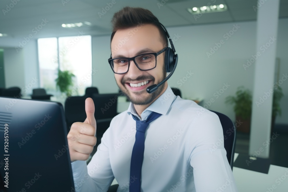 Poster a man wearing a headset giving a thumbs up gesture. suitable for technology concepts