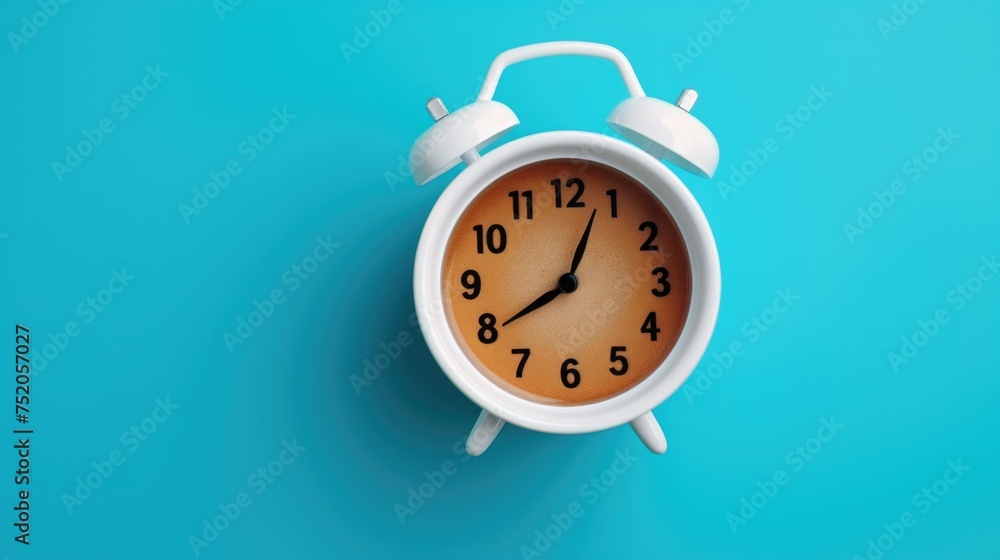Poster an alarm clock on a blue surface, suitable for time management concepts
