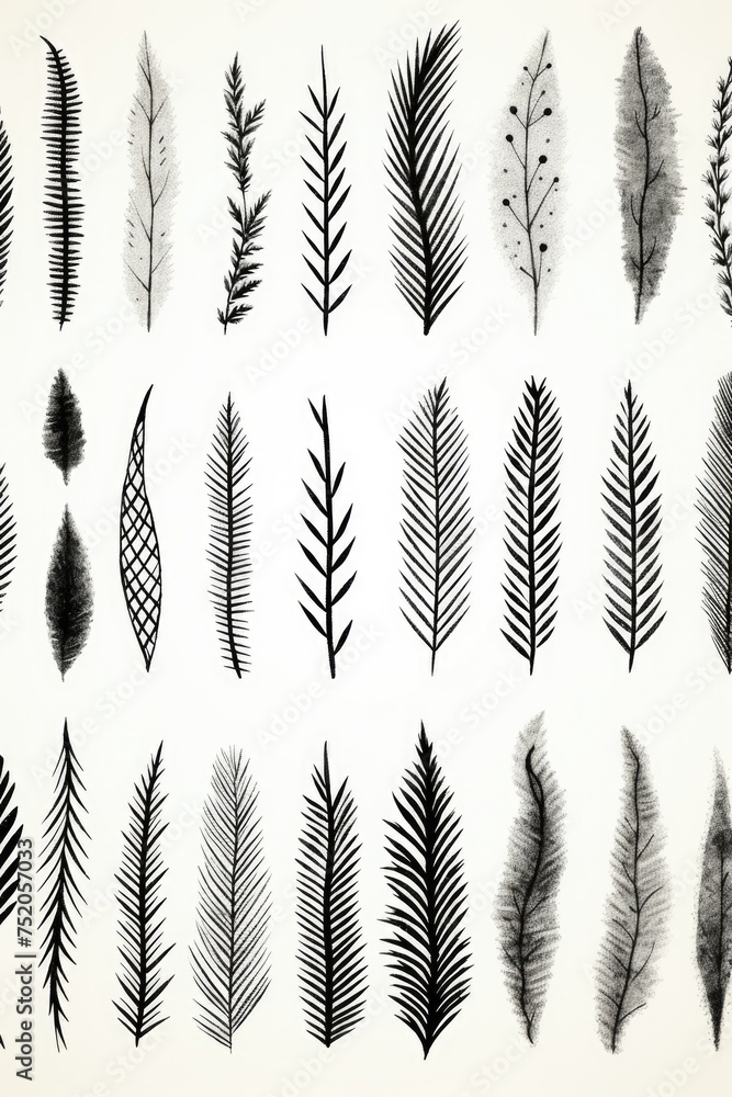 Poster a collection of black and white feathers on a white background. ideal for various design projects