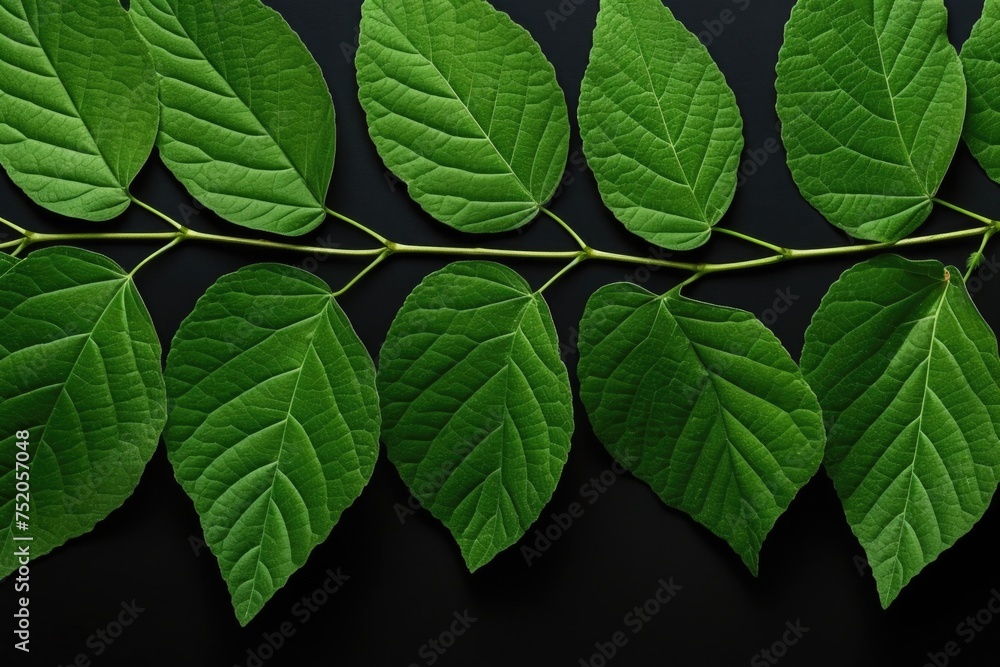 Poster close up of a green leaf on a black background. suitable for nature and environmental concepts