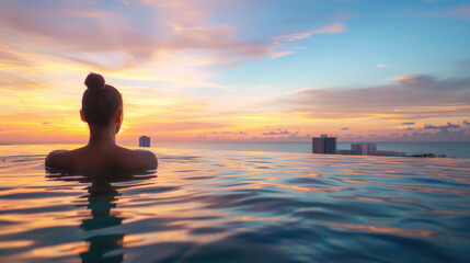 Woman in an infinity pool with the view of Hollywood beach coastline in Florida during sunset