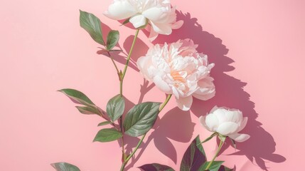 Pink peonies with shadows on pink background.