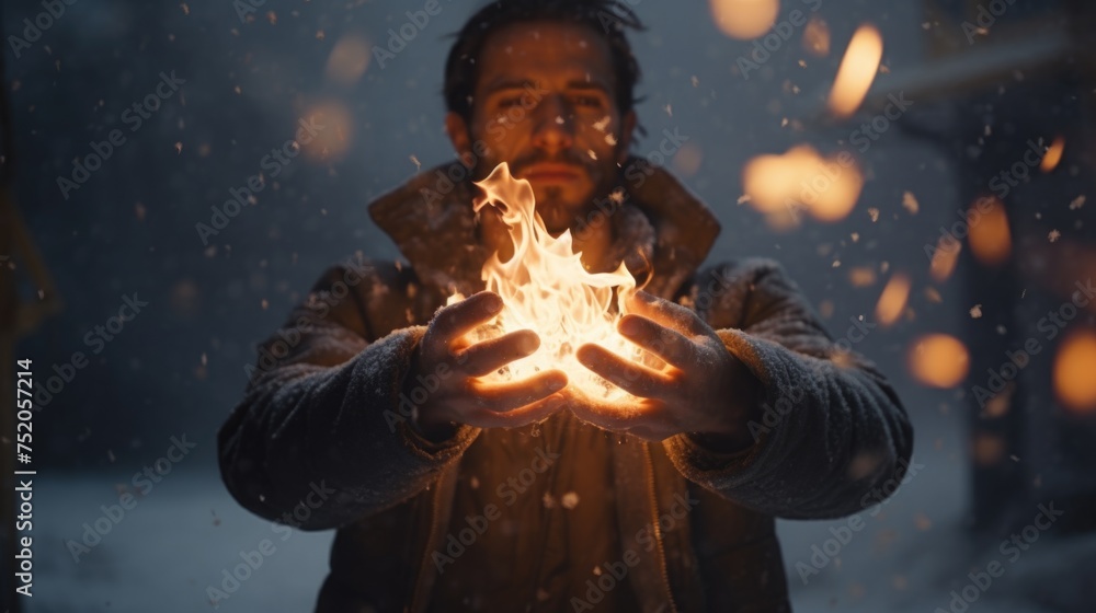 Poster a man holding a glowing fire. suitable for various concepts and designs