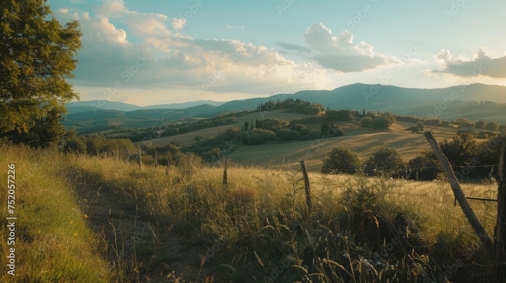 Poster Scenic view of a grassy field with a fence and mountains in the background. Perfect for nature and landscape concepts