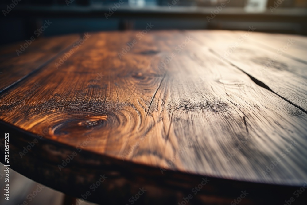 Aufkleber Close up shot of a wooden table with a blurry background, perfect for adding text or graphics