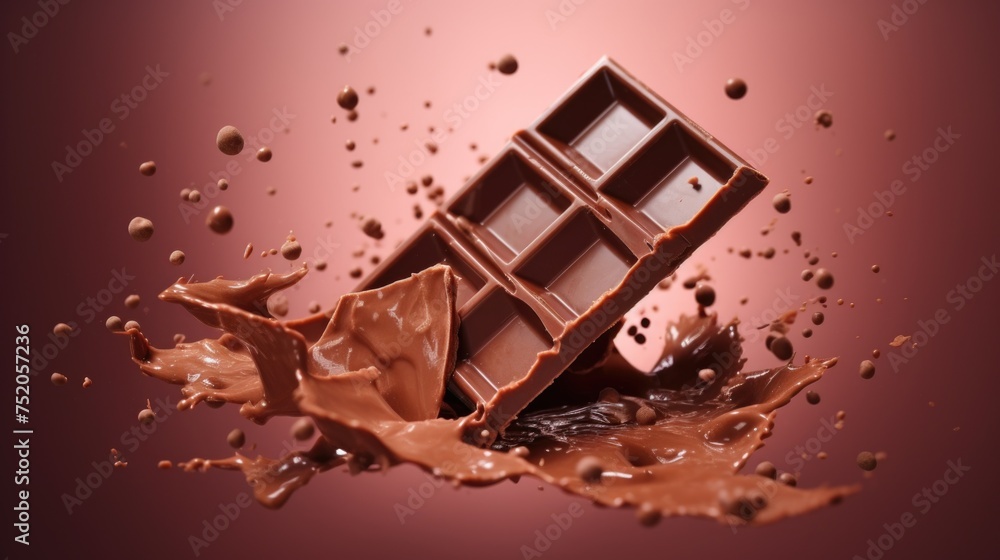 Poster a chocolate bar falling into a puddle of chocolate. ideal for food and dessert related projects