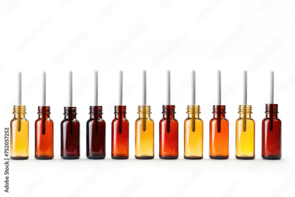 Poster row of bottles filled with different types of essential oils. perfect for aromatherapy concept
