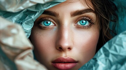 Young woman with beautiful bright green eyes with shining blue shadows, beige lipstick and expressive eyebrows, pitted look of colored paper, fashion, beauty, make-up, cosmetics, salon style - obrazy, fototapety, plakaty