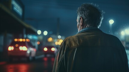 A man standing in the middle of a street at night. Suitable for urban and nighttime concepts