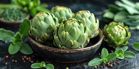 Fresh artichokes in rustic bowl with herbs and spices.