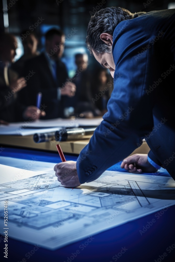 Poster a man in a suit drawing on a table. suitable for business or creativity concepts