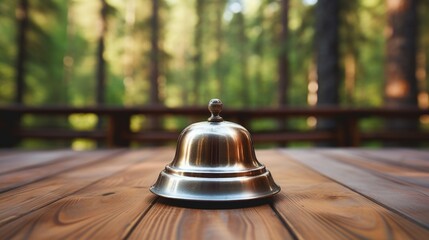 A bell sitting on top of a wooden table. Suitable for various concepts and designs - obrazy, fototapety, plakaty