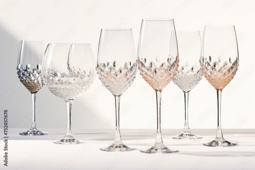 Poster several wine glasses neatly arranged on a table. suitable for restaurant or bar themes