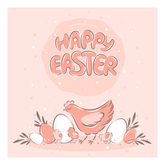 Happy Easter banner. Hand drawn Chicken with with chicks, Easter eggs and plants in pastel colors. Vector illustration poster, greeting card