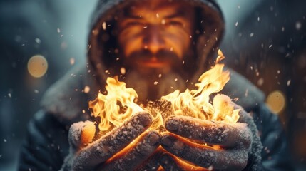 A man in a hoodie holding a fire in his hands. Perfect for dramatic or mysterious concepts