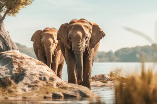 Group of elephants standing by a body of water. Suitable for nature and wildlife themes